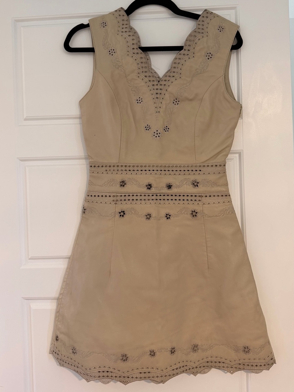 Vintage Leather Sleeveless Scallop Hem Dress in Beige